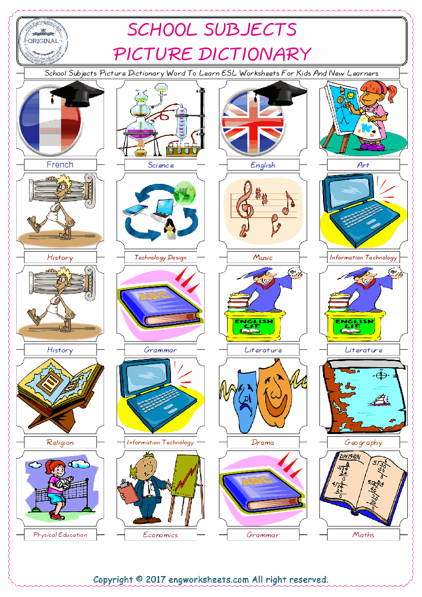  School Subjects English Worksheet for Kids ESL Printable Picture Dictionary 